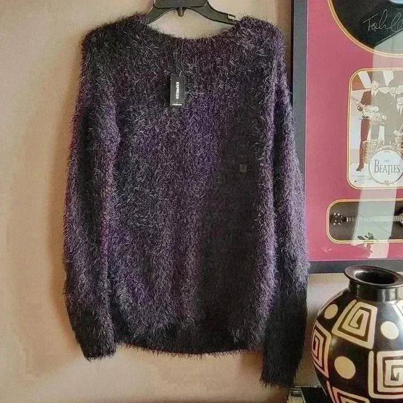 BRAND NEW Express Fuzzy Sweater S/P Color Black Purple Long Sleeve Soft Comfy - Picture 1 of 6